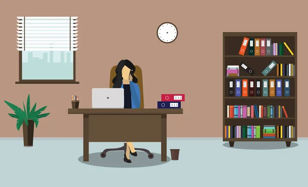 İş kadını ofiste telefonda konuşuyor. Office çalışma alanı tablosu, kitaplık, pencere, Resepsiyon, sandalye, saat ile. Vektör çizim.