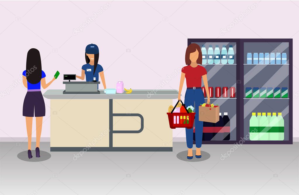 Supermarket cashier  and buyer pays purchase. Cash register desk. Cash  payment. Vector illustration