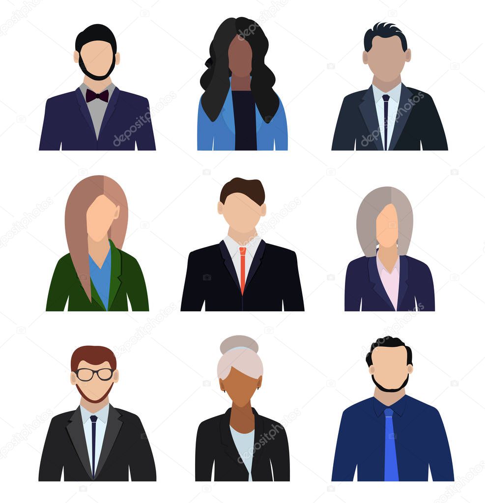 Male and female faces avatars icons. Business people flat avatars on white background. Vector illustration