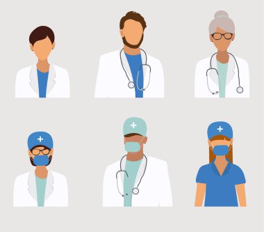 Sağlık personeli avatarlar ayarlayın. Doktorlar ekibi. Vektör simgeler
