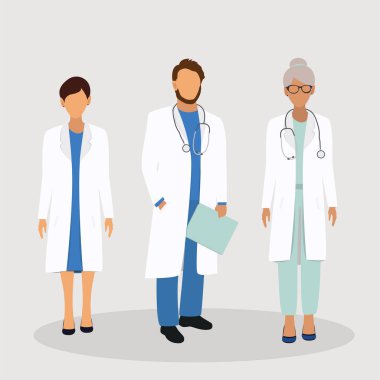 Kadın ve erkek sağlık personeli. Doktorlar ekibi. Düz stil vektör çizim