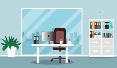  Düz office konsept illüstrasyon. Sandalye, Resepsiyon, vazolar, bilgisayar, pencere. Vektör çizim.