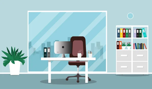  Düz office konsept illüstrasyon. Sandalye, Resepsiyon, vazolar, bilgisayar, pencere. Vektör çizim.