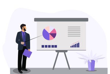 Beyaz tahta infographics ile bir sunum yapma iş adamı. Büro hayatı. Düz stil vektör çizim
