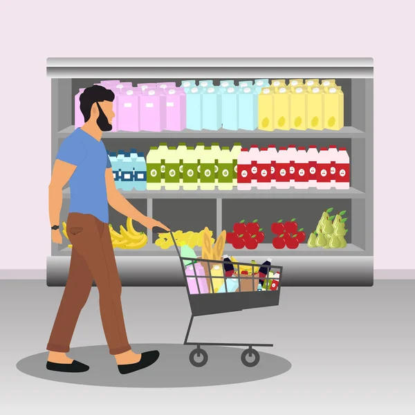 Kupującego Człowiek Koszyk Pełen Towarów Jedzenie Jedzenie Napoje Supermarkecie Ilustracja — Wektor stockowy