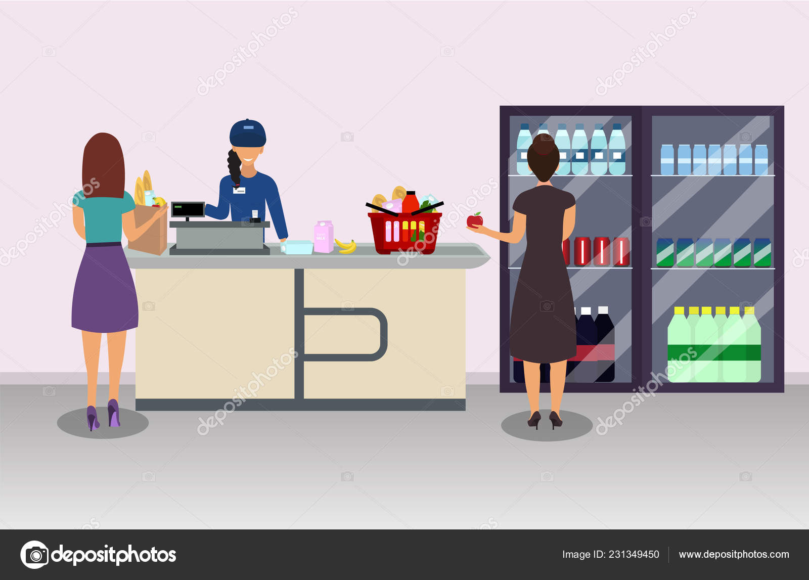 Supermarket Cashier Buyer Pays Purchase Cash Register Desk Cash Payment Vector Image By C Lenagerman93 Gmail Com Vector Stock 231349450