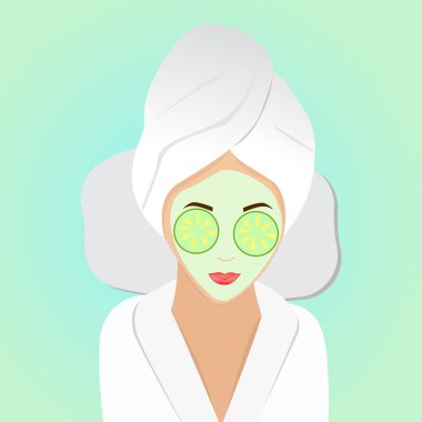 Salatalığın gözleri ve mükemmel bir cilt için yeşil maske üzerinde güzel bir kadınla spa uygulamaları üzerinde. Vektör çizim