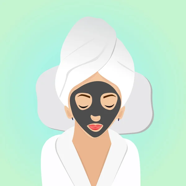 Mooie Vrouw Spa Behandelingen Met Zwart Masker Het Gezicht Een — Stockvector