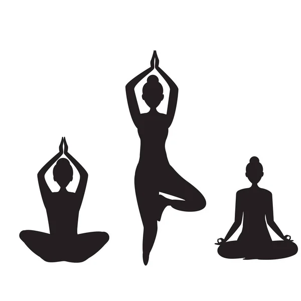 Set Ragazze Yoga Ragazze Che Praticano Silhouette Yoga Illustrazione Vettoriale — Vettoriale Stock