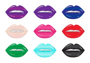 Parlak göz alıcı parlak farklı renkler dudakları. Tatlı seksi pop art. Parlayan parlak ruj, beyaz dişler. Seksi kadının dudakları farklı mat ruj sesleri ile vektör çizim. 