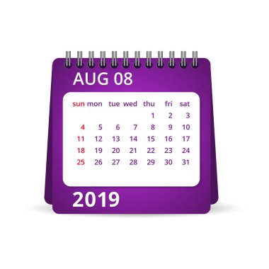 2019 takvim. Bir ay takvimi. Ağustos. Hafta başlıyor Pazartesi. Takvim vektör çizim