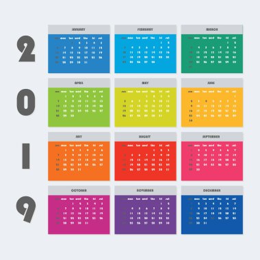 2019 takvim renkli. Duvar takvimi şablonunu. Hafta başlıyor Pazartesi. Hisse senedi vektör çizim.