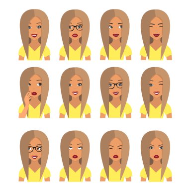 Sarı saçları ve duyguları olan kadın. Beyaz arka plan üzerinde izole farklı yüz ifadeleri kümesiyle güzel kadın portre. Kullanıcı simgeleri. Avatar vektör çizim