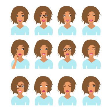 Kadın hafif kahverengi saçlı ve duygular. Beyaz arka plan üzerinde izole farklı yüz ifadeleri kümesiyle güzel kadın portre. Kullanıcı simgeleri. Avatar vektör çizim