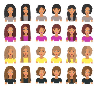 Farklı saç stili ile kadın avatarları kümesi. Değişik saç modelleri güzel genç kadın. Kısa saçlı ve uzun saçlı esmer, Sarışın, kahverengi ve kestane saç ışık. Vektör çizim