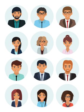 Erkek ve dişi yüzler avatarları. İş adamı ve iş kadını avatar simgeleri. Takım simgeler koleksiyonu. Kullanıcı simgesi. Düz vektör simgeler kümesi. Vektör çizim
