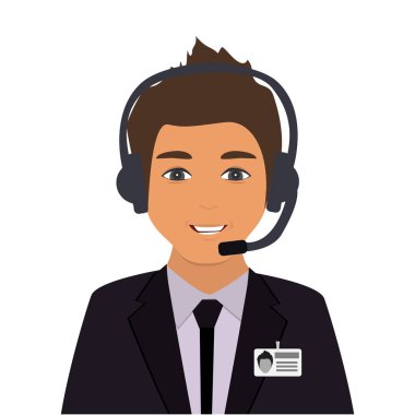 Operatör danışman adam simgesi tasarım. İşleç çağrı merkezi ofis iş başında. İş takım elbiseli, kulaklık mikrofon ve ad etiketi rozeti olan adam. Müşteri Servisi simgesini. Webinar, video konferans, video seslenmek. Vector Illustrator
