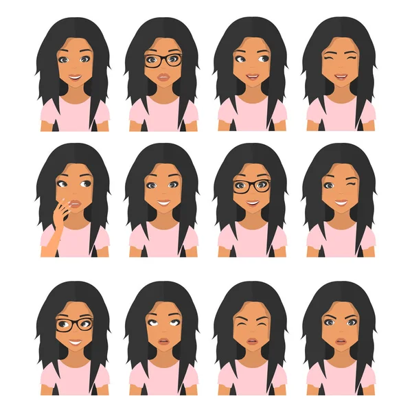 Mujer Pelo Negro Emociones Hermoso Retrato Mujer Con Diferentes Expresiones — Vector de stock