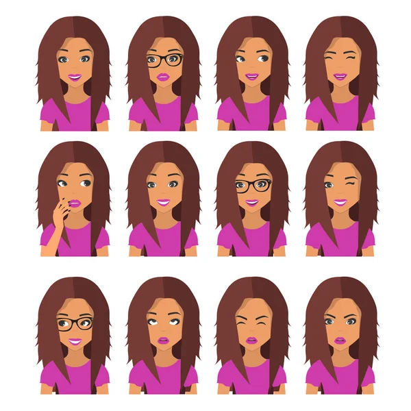 Mujer Con Cabello Castaño Emociones Hermoso Retrato Mujer Con Diferentes — Vector de stock