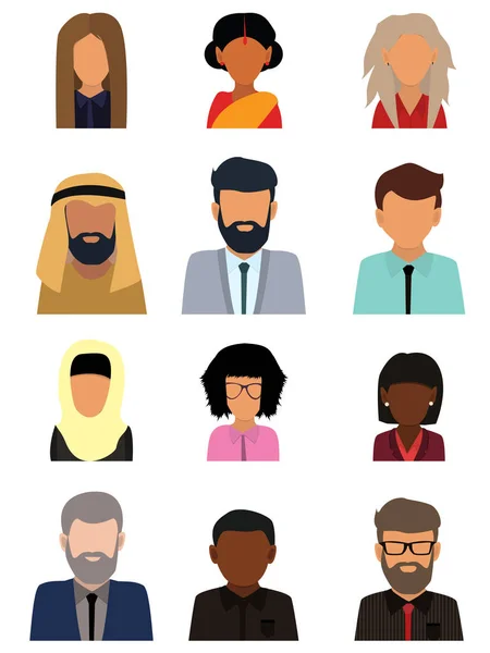 Erkek ve dişi yüzler avatarları. İş insanlar avatar simgeleri. Erkekler ve kadınlar farklı milletlerden. Çok kültürlü toplum kavramı, erkek ve kadın karakter. Düz simgeler kümesi. Vektör çizim