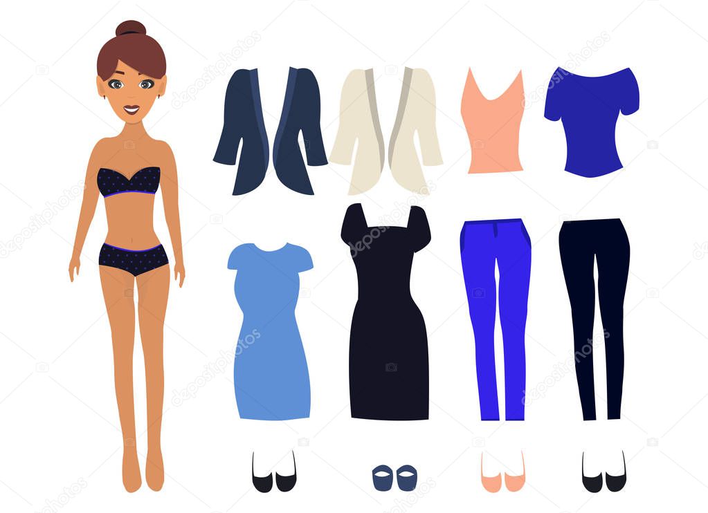 Paper Doll with different dresses. Dress up paper doll in dresses, jacket, pants, t-shirt, shoes,. Vector illustration.