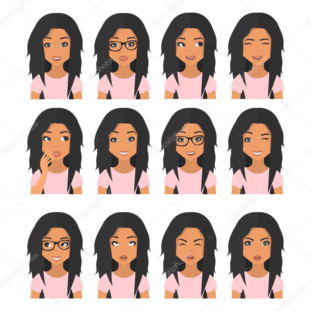 Woman with black hair and emotions. Beautiful woman portrait with different facial expressions set, isolated on white background. User icons. Avatar Vector illustration