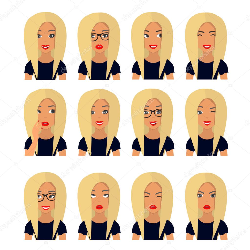 Woman with blond hair and emotions. Beautiful woman portrait with different facial expressions set, isolated on white background. User icons. Avatar Vector illustration