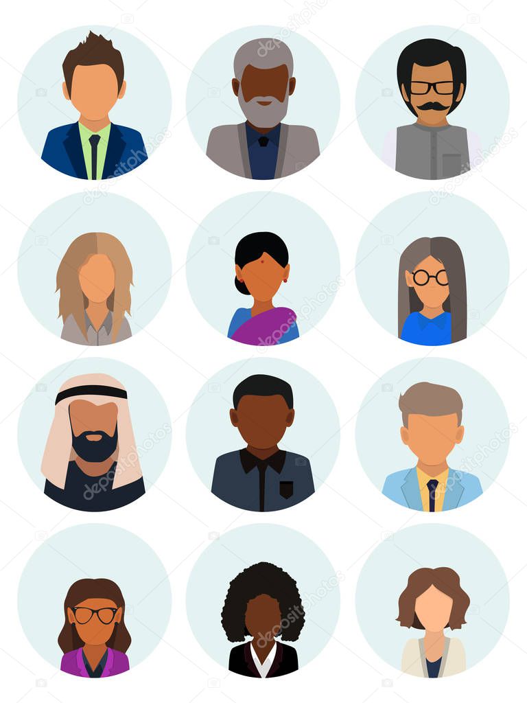 Male and female faces avatars. Business people avatar icons. Men and women of different nationalities. Multicultural society concept, man and woman characters. Flat icons set. Vector illustration