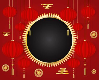 Çin yeni yılı 2019 kırmızı tebrik kartı şablonu geleneksel Asya dekorasyon ve kırmızı zemin üzerine altın elemanları. El ilanları, davet, afiş, broşür, afiş. Vektör çizim.