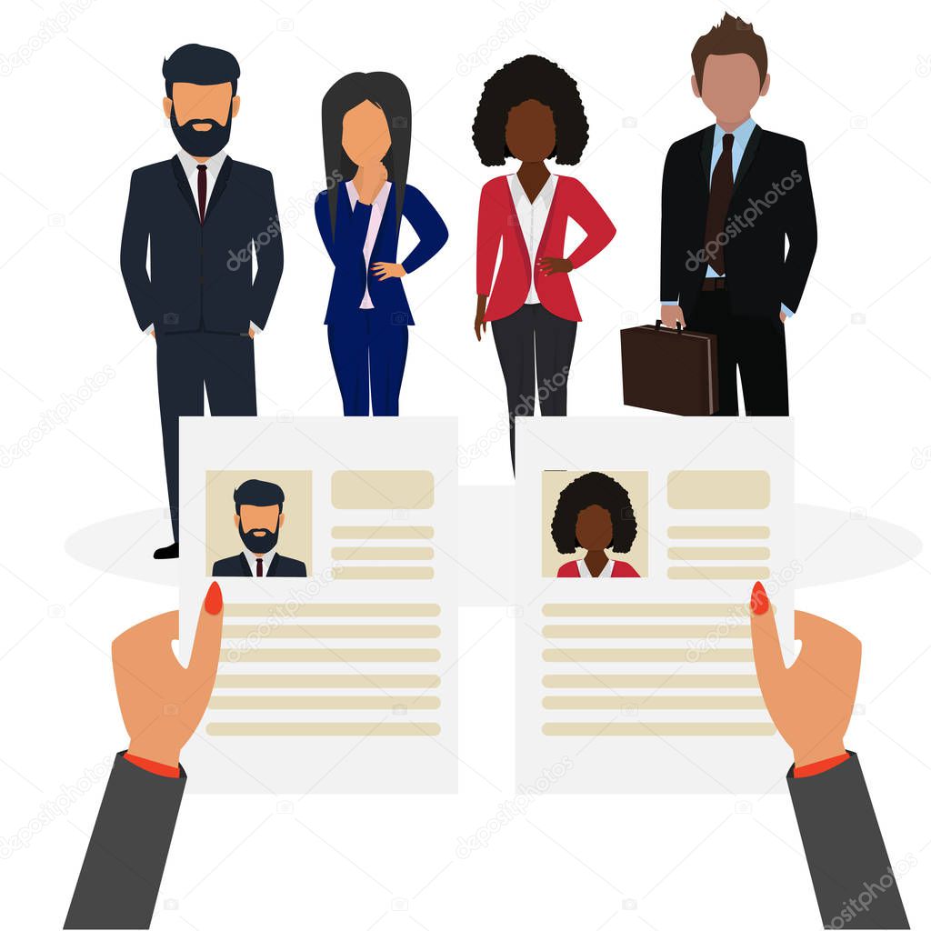 Job agency. Recruiter concept. Hands with curriculum vitae and people. Choosing a candidate to hire and reading CV. Human resources management. Job interview, recruitment agency vector illustration.