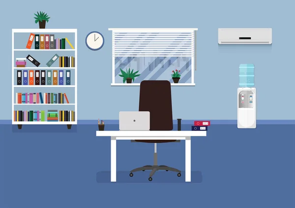Düz office konsept illüstrasyon. Sandalye, Resepsiyon, vazolar, dizüstü bilgisayar, kitaplık, pencere, saat, saç kremi, soğutucu. Vektör çizim. 
