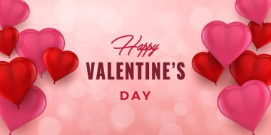 Sevgililer günü el çekilmiş tipografi 3d yürekleri. Sevgililer günü geniş arka plan kırmızı kalpli balon şeklinde. Tatil tebrik kartı, poster, afiş, logo, satış, sahil yolu. Vektör çizim.