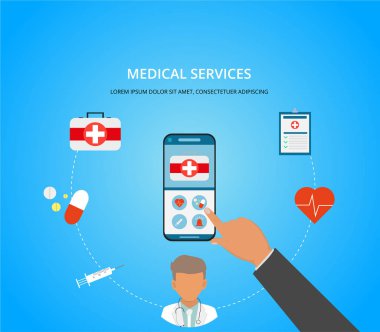 Mobil tıp, mhealth, online doktor. Tıbbi uygulama Tıbbi Danışma konsepti ile Smartphone. Sağlık mobil hizmet anlayışı. Vektör düz çizim. 