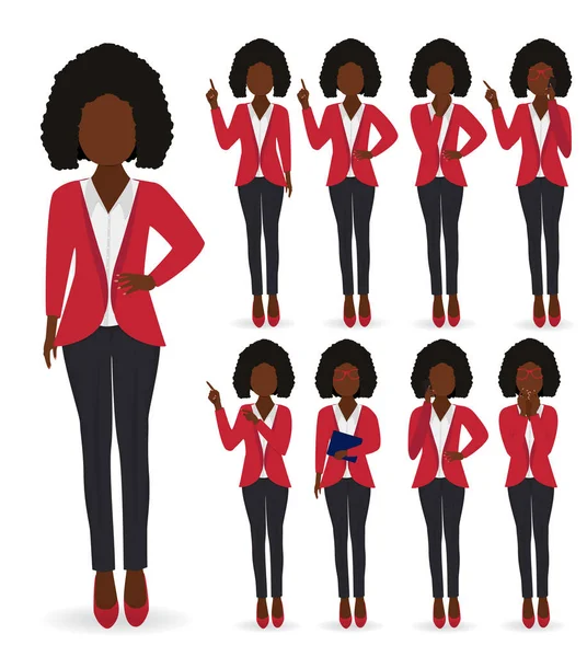 Zakelijke African American Vrouw Verschillende Poses Tekenset Vectorillustratie — Stockvector