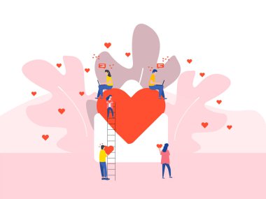 Kalp büyük zarf ve küçük insanlar Sevgililer günü karakter kavramı vektör çizim, uygun için duvar kağıdı, afiş, arka plan, kartı, kitap Illustration, açılış ve Web sayfası