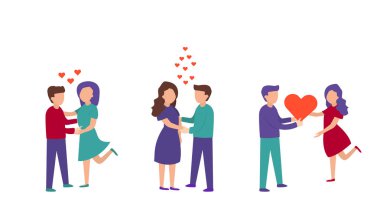 Kaç aşk vektör kümesi içinde. Saint Valentine's Day bayram için karakter. Beyaz arka plan üzerinde izole. Genç erkek ve kadınların aşk sarılma. Düz tasarım. Vektör çizim.