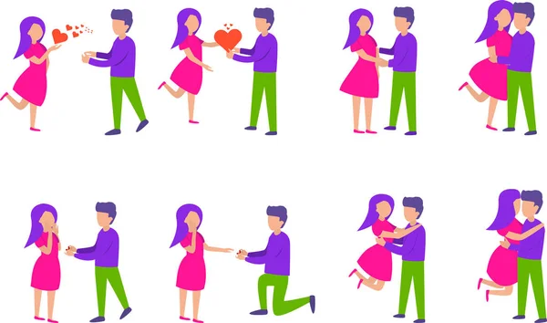 Ensemble Couples Amoureux Des Moments Heureux Une Surprise Romantique Embrassant — Image vectorielle