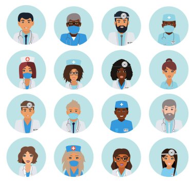 Erkek ve kadın, doktor ekibiyle karşı karşıya. Doktorlar ve hemşire ekibi, hastane personeli. Kullanıcı simgeleri. Düz vektör avatar seti. Vektör illüstrasyonu