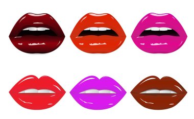 Farklı renklerde parlak parlak dudaklar. Tatlı seksi pop art. Parlak ıslak ruj, beyaz dişler. Farklı ruj tonları ile seksi kadın dudakları Vektör illüstrasyon seti