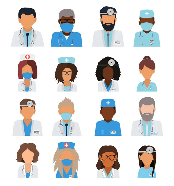 Erkek ve kadın, doktor ekibiyle karşı karşıya. Doktorlar ve hemşire ekibi, hastane personeli. Kullanıcı simgeleri. Düz vektör avatar seti. Vektör illüstrasyonu