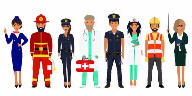 Uluslararası Işgücü günü. Farklı mesleklerin insanları beyaz bir arka planda ayarlandı. Hostes, Itfaiyeci, polis, Doktor, Hemşire, Oluşturucu, öğretmen. Düz bir tarzda vektör Illustration 