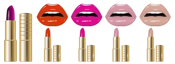 Set Lipstik Warna Bibir Manis Yang Seksi Bersinar Lipstik Gloss - Stok Vektor