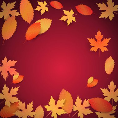 Kart, afiş ve poster şablonu için yaprakları ile sonbahar vektör arka plan. Reklam konsepti. Mevsimsel indirim teklifi. Özel teklif ve sonbahar satışı. Vektör Illustration