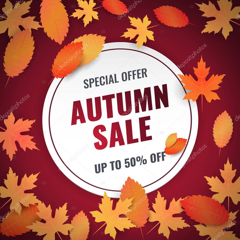 Autumn sale 70% off with leaves. Vector background for card, banner and poster template. Ad concept. Seasonal discount offer. Special offer and autumn sale. Vector illustration