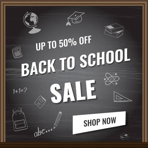 Back to school card on the black board background. Shopping sale, promo poster, banner, wallpaper, flyer, discount, shop, market, special offer.  Ad concept. Vector illustration