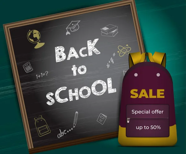 Back to school card with school Board and school backpack. Vector illustration template