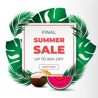 Renkli yaz elemanları ile yaz final satış afiş. Mavi arka planda şablon. Vektör Illustration