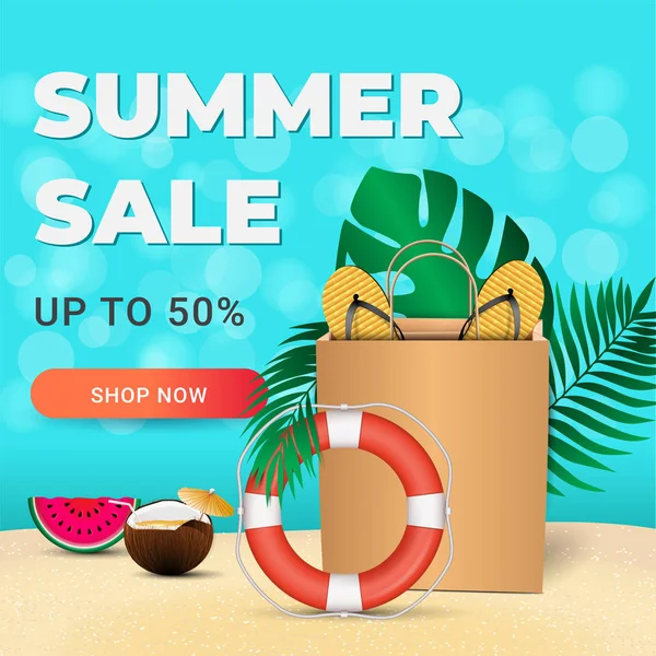 Summer sale card with realistic colorful summer elements for mobile and social media banner, poster, shopping ads, marketing material. Ad concept. Vector illustration