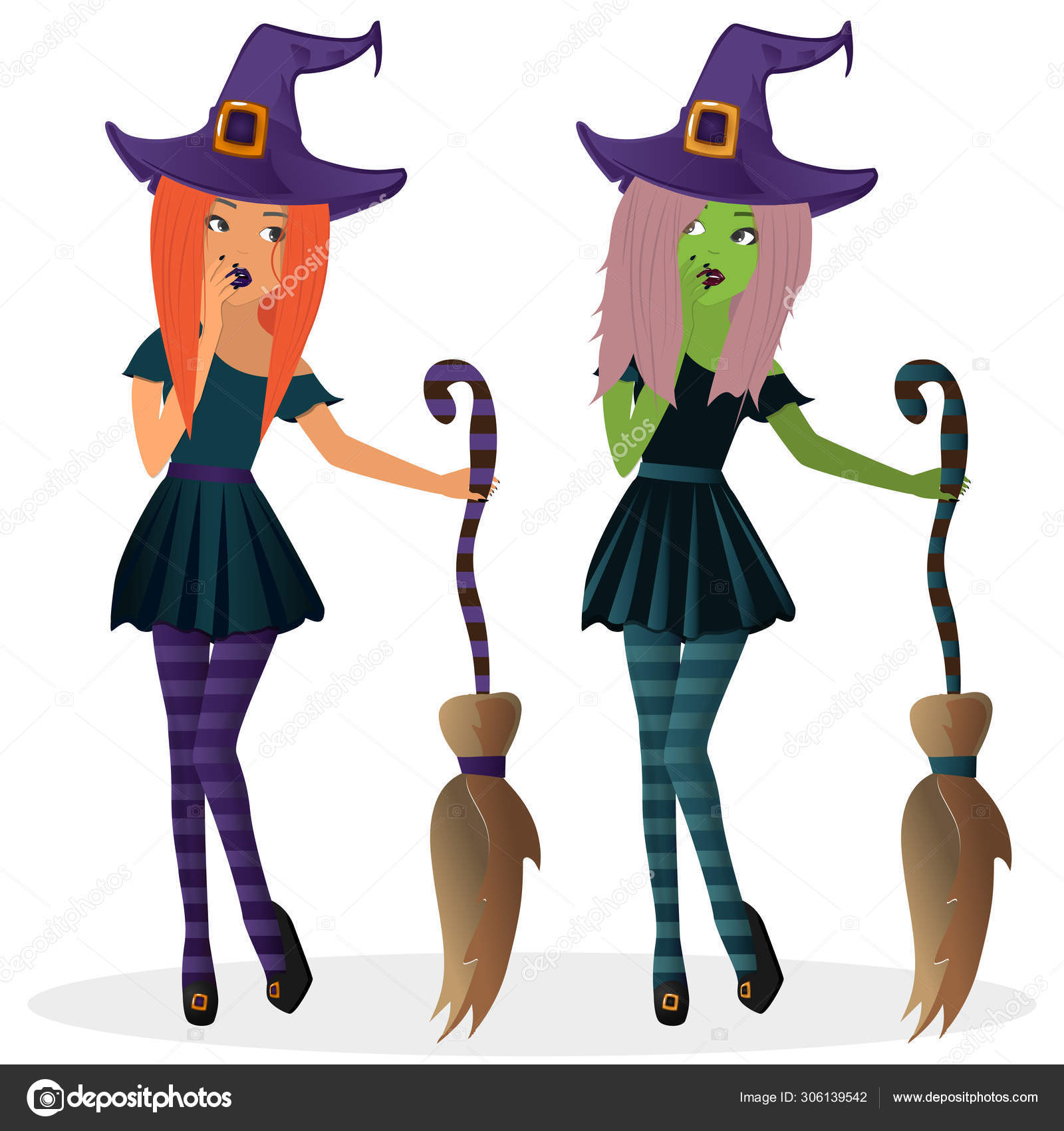 Cute Red Blond Hair Witch Broomstick Witch Purple Hat Clothes
