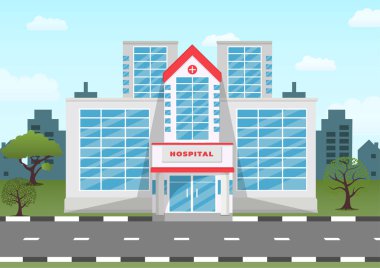 Şehir peyzaj ile Tıp hastanesi binası . Acil durum ve acil durum hizmetleri. Düz tarzda vektör tıbbi kavram illüstrasyon
